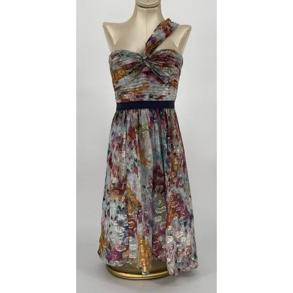 BCBGMAXAZRIA Inga Silk Metallic Dress One Shoulder Watercolor Pleated Size 2 - Picture 1 of 8